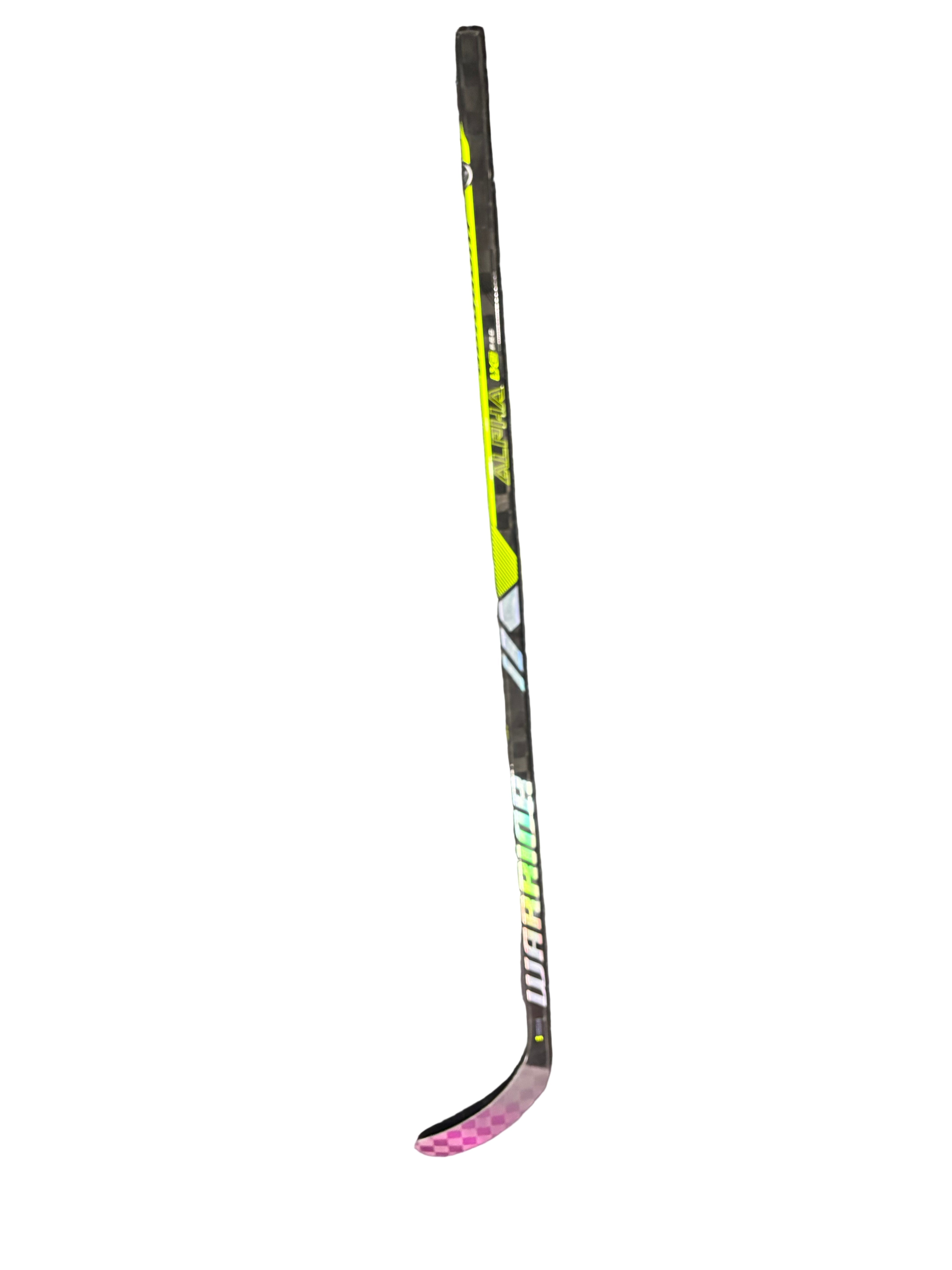 Hockey stick with Warrior branding on a gray surface